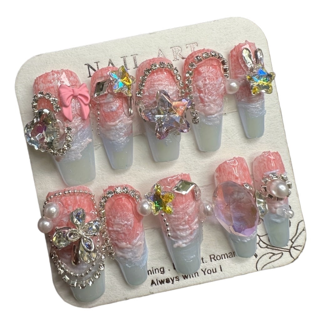 JC Short Length Press On Nails, Coffin, Handmade, Durable & Easy Application, 10 Pieces, Pink Red