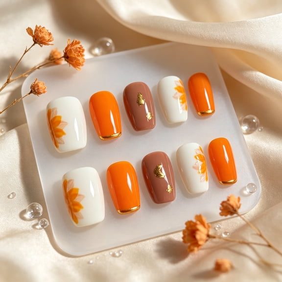JC E121 10pcs Short Square Press On Nails Autumn Sunflower Orange Gold Leaf Floral Aesthetic Handmade Fake Nails