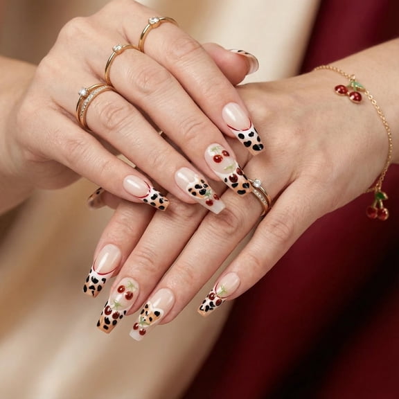 JC E52 10pcs Medium Almond Press On Nails French Cow Print Cherry 3D Fruit Autumn Vintage Red Green Aesthetic Handmade Fake Nails