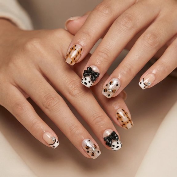 JC E120 10pcs Short Square Press On Nails Coffee Milk Tea Leopard Print Bow Polka Dot Glitter Kawaii Cute Aesthetic Handmade Fake Nails