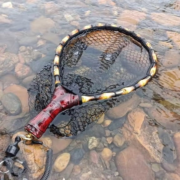 Pure Handmade Wooden handle Fly Fishing Hand Net Small Net Fly Fishing Stream Net Fishing Net Portable Fishing Net Bamboo Ware