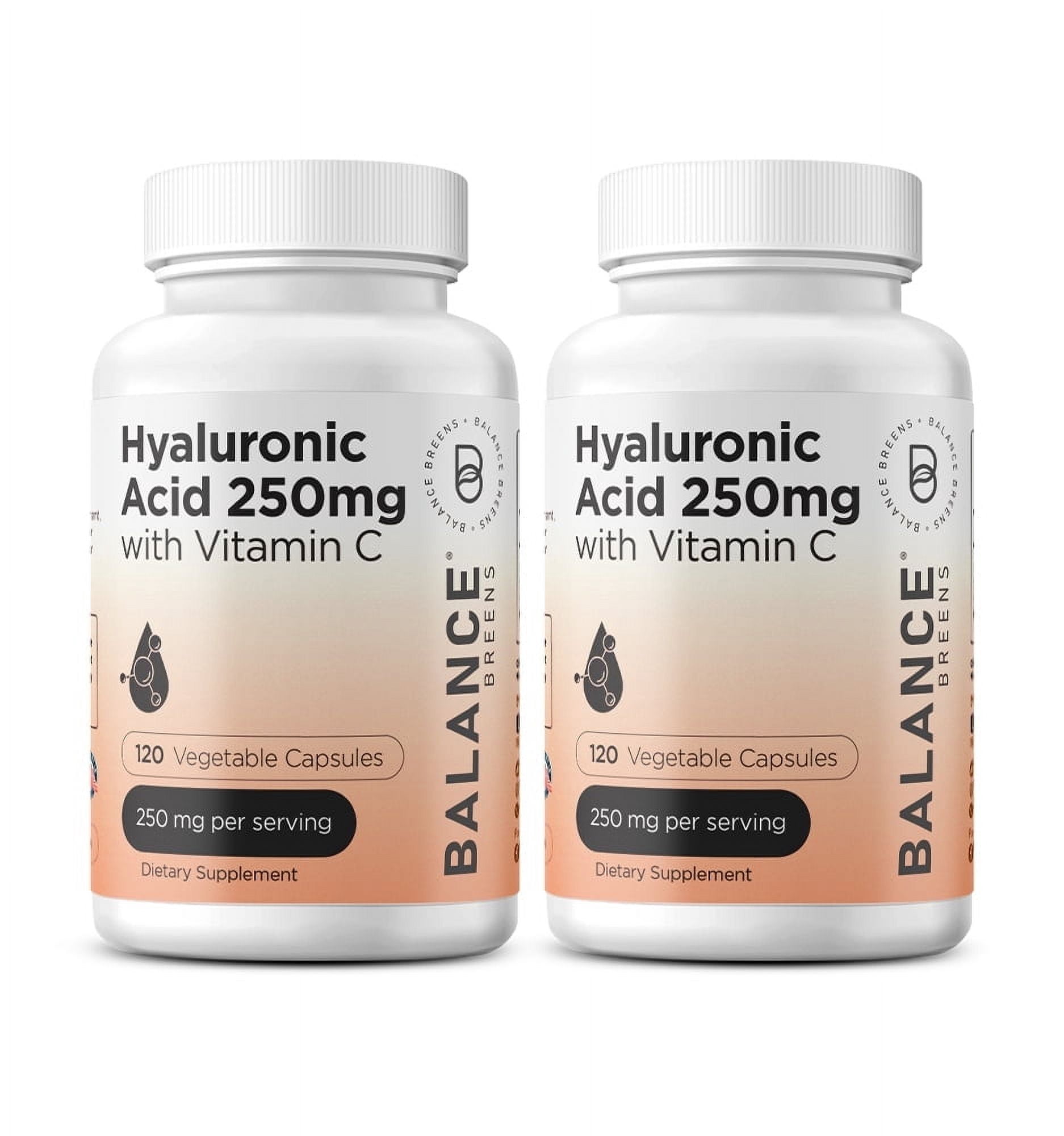 Pure Hyaluronic Acid Supplements 250mg with Vitamin C 50mg - 120 Vegan Capsules - Skin Hydration for Natural Glow - Pure Supplement w/Hair, Nails, Bone & Joint Health Formula