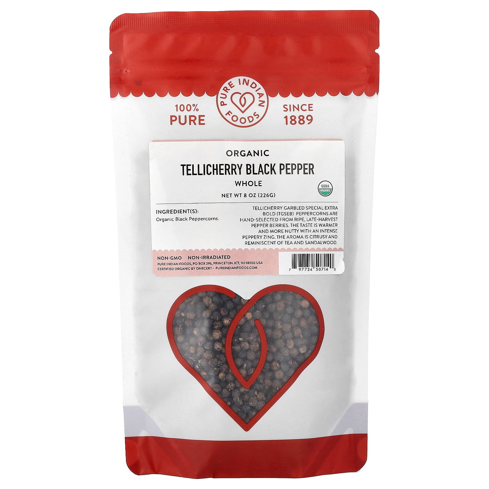 Pure Indian Foods Organic Tellicherry Black Pepper, Whole, 8 oz (226 g)