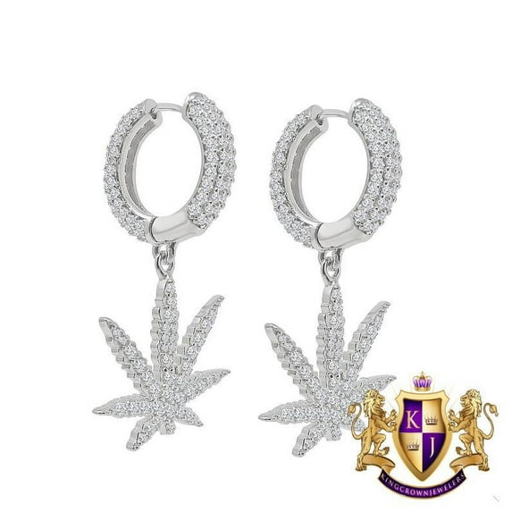 Pure Italian Sterling Silver 14K Gold Over Simulated Diamond Marijuana Leaf Plant Hoop Stud Earrings Unisex
