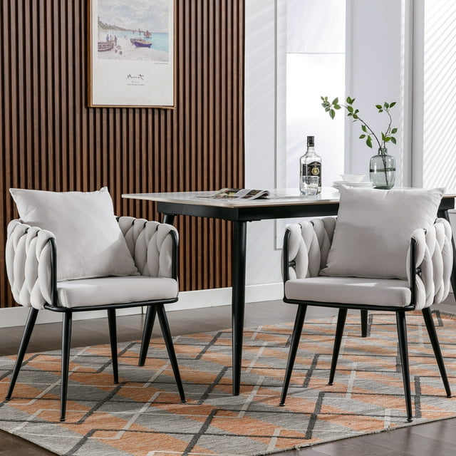 Pure Ivory Modern Velvet Dining Chairs Set of 2 Hand Weaving Accent Chairs Living Room Chairs Upholstered Side Chair with Black Metal Legs for Dining Room Kitchen Vanity Living Room 04359