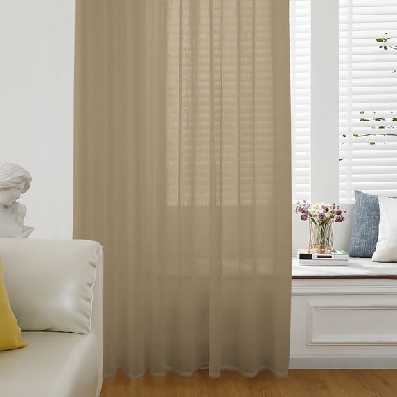 Pure Khaki Semi Sheer Curtains Drapes for Living Room, Bedroom, French Doors Window 45 Inches Long, Simple Solid Color Rod Pocket Chiffon Curtain Drapery Voile Draperies Panel