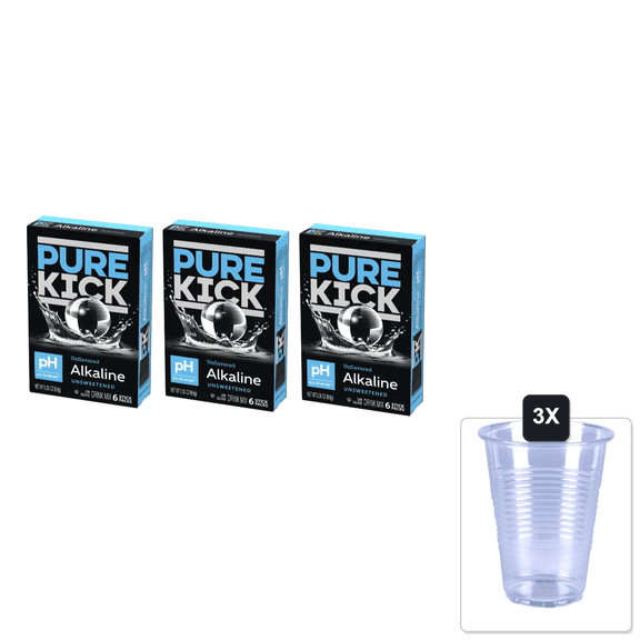 Pure Kick Alkaline - Singles To Go - Pack Of 3-6 Packets In Each Box - Unflavored And Unsweetened - Enhance Your Hydration - 18 Servings & 3x 16oz Plastic Cup with Strawless Sip-Lid