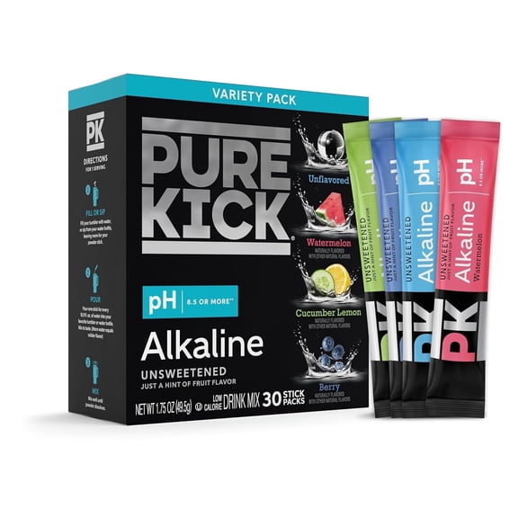 Pure Kick Alkaline Singles to Go Powdered Drink Mix Variety Pack, Watermelon, Berry, Cucumber Lemon, Unflavored, 30 Count Packets