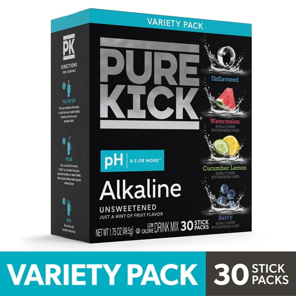 Pure Kick Alkaline Singles to Go Powdered Drink Mix Variety Pack, Watermelon, Berry, Cucumber Lemon, Unflavored, 30 Count Packets