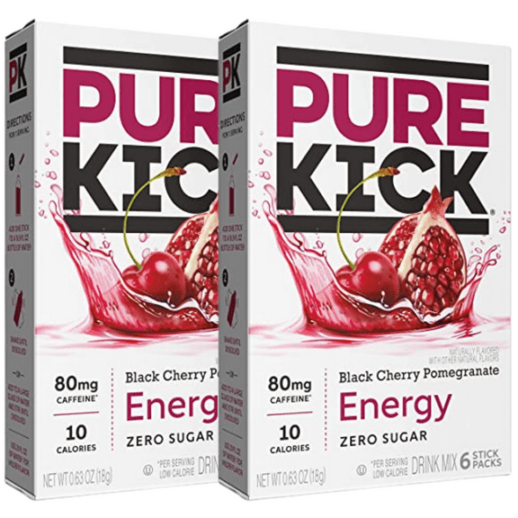 Pure Kick Black Cherry Pomegranate Singles To Go Energy Water Enhancer Drink Mix Zero Sugar Low Calorie Vitamin-Packed Powder Stick Beverages 4 Boxes, 6 Stick Pack per Box - 24 Total Servings