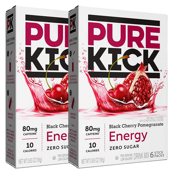 Pure Kick Black Cherry Pomegranate Singles To Go Water Enhancer Energy Drink Mix Zero Sugar Low Calorie Vitamin Packed Powder Stick Beverages 6 Stick Pack per Box, 2 Boxes - 12 Total Servings