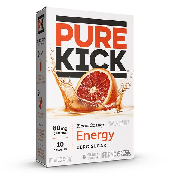 Pure Kick Energy Caffeine & Electrolyte Powder Drink Mix Blood Orange Pack, 6 Count Packets