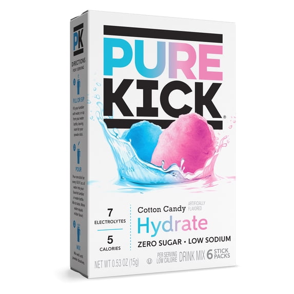 Pure Kick Cotton Candy, Hydration Electrolyte Powdered Drink Mix, 6 Count Packets