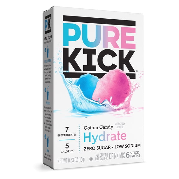 Pure Kick Cotton Candy, Hydration Electrolyte Powdered Drink Mix, 6 Count Packets