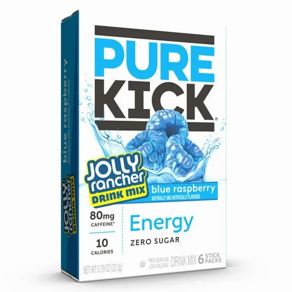 Pure Kick Energy Caffeine & Electrolyte Powder Drink Mix Jolly Rancher Blue Raspberry Pack, 6 Count Packets