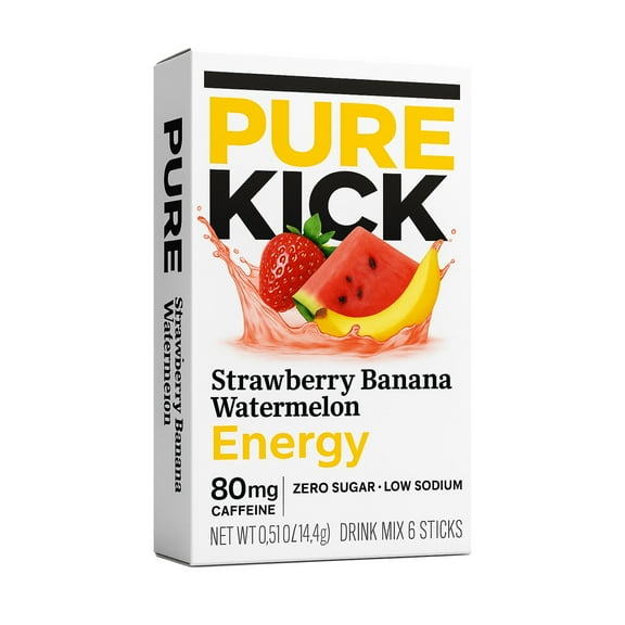Pure Kick Energy Caffeine & Electrolyte Powder Drink Mix Strawberry Banana Watermelon Pack, 6 Count Packets
