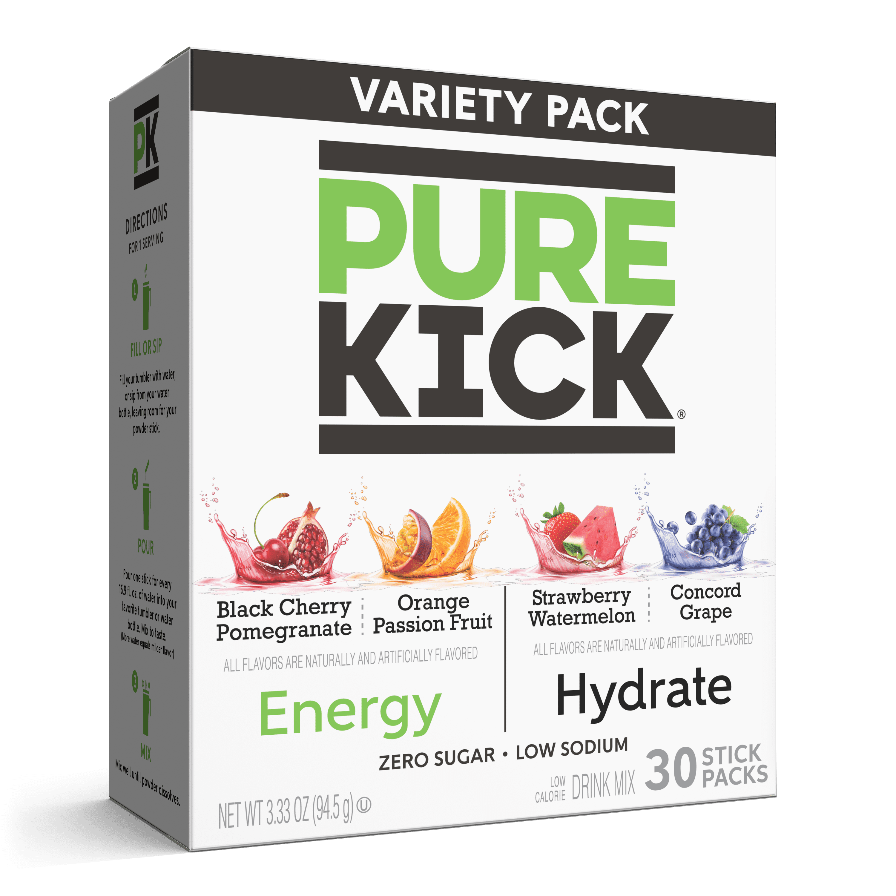 Pure Kick Energy & Hydration Electrolyte Powdered Drink Mix Variety pack, 30 Count Packets