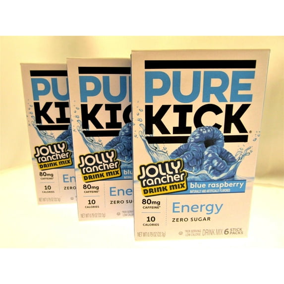 Pure Kick Energy Jolly Rancher Singles Water Drink Mix Sugar Free 3 Blue Raspber