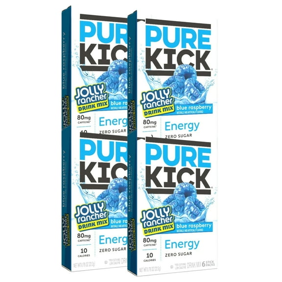 Pure Kick Energy Singles To Go Drink Mix Jolly Rancher Blue Raspberry Water Enhancer Drink Mix Zero Sugar Low-Calorie Vitamin-Packed Powder Stick Beverages 4 Boxes 6 Stick Pack -24 Total Servings