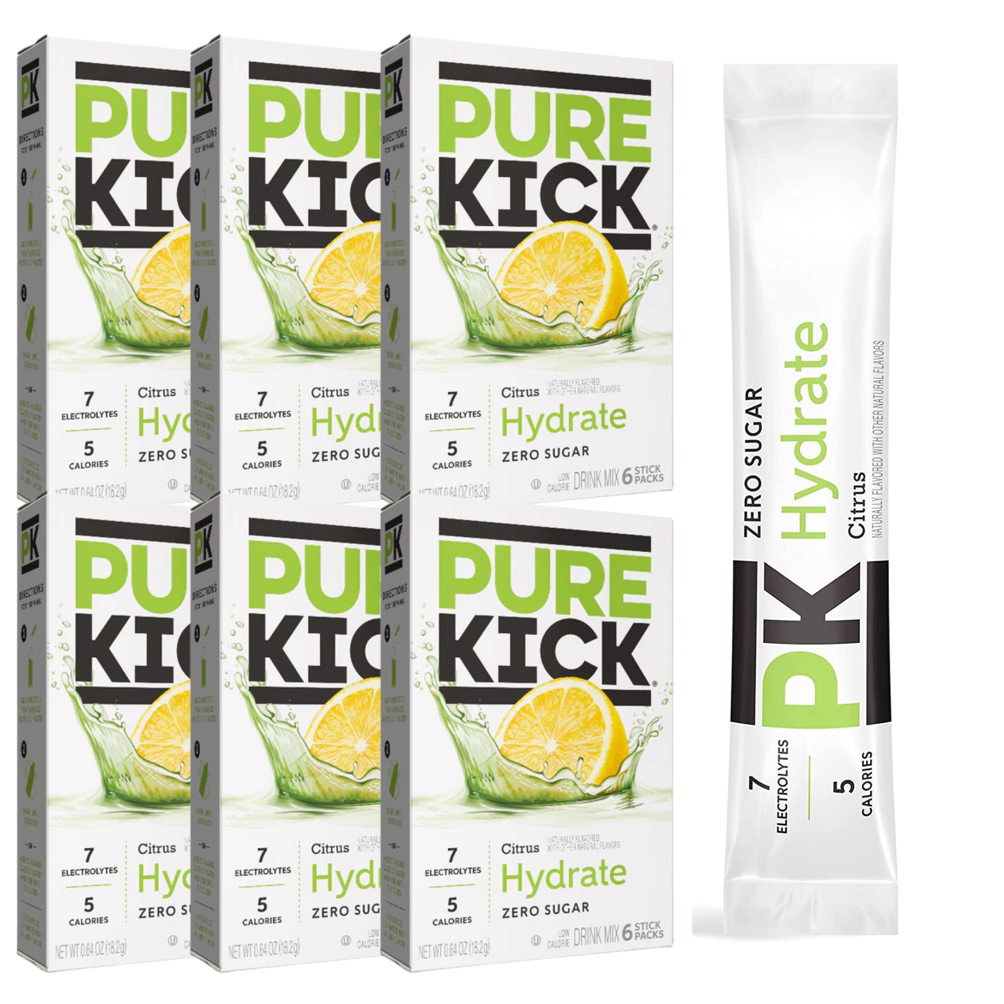 Pure Kick Energy Singles To Go Drink Mix Citrus Flavor, Low Calorie SugarFree Fruity 6 Boxes 6
