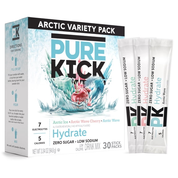Pure Kick Arctic Variety pack Singles to Go Powdered Drink Mix, Arctic Wave, Arctic Wave Cherry, Arctic Ice, 30 Count Packets