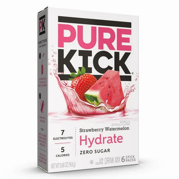 Pure Kick Hydrate Electrolyte & Caffeine Powder Drink Mix Strawberry Watermelon Pack, 6 Count Packets