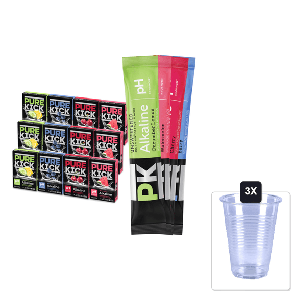 Pure Kick Hydration Drink Mix Alkaline Water Powdered Packets Variety Pack Electrolyte Hydration Drink Mix, 72 Servings, 4 Flavors & 3x 16oz Plastic Cup with Strawless Sip-Lid