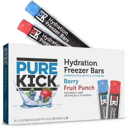 Pure Kick Hydration Freezer Bars Variety pack, Formulated with B Vitamins, Berry + Fruit Punch Ice Pops, Gluten-Free, 1.5oz, 20 Count