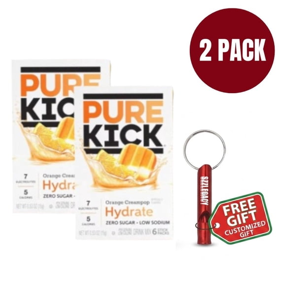 Pure Kick Orange Creampop Sugar Free Drink Mix with Zinc & Electrolytes, 2 Boxes (12 Packets) + Bonus Customized Emergency Whistle