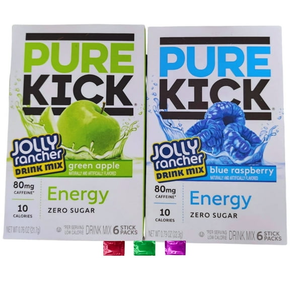 Pure Kick Jolly Rancher Green Apple & Blue Raspberry Energy Drink Mix Sticks, 12 Total Servings 2 Boxes, Zero Sugar Low Calorie Beverage with Snoep in Beperkte Oplage