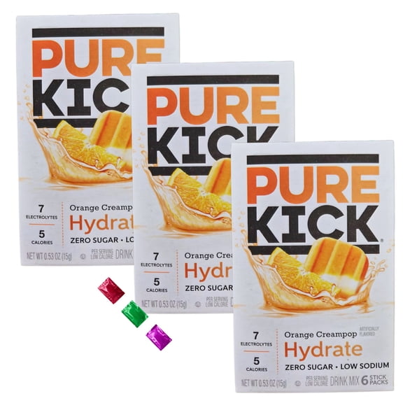 Pure Kick Orange Creampop Hydrating Drink Mix Packets (3 Boxes, 18 Total Servings) Zero Sugar Hydrate Electrolyte Powder, Low Calorie Water Flavor for Bottles & Tumblers