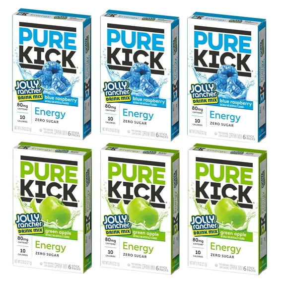 Pure Kick Singles To Go, Jolly Rancher Energy Drink Mix, Variety Pack, 3 Boxes Blue Raspberry 3 Boxes Green (36 Single Servings)