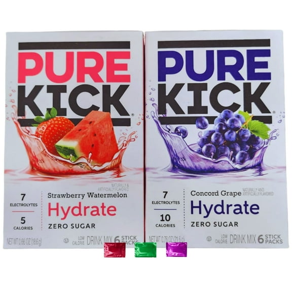 Pure Kick Strawberry Watermelon & Concord Grape Hydrate Drink Mix with Electrolytes, 12 Total Servings 2 Boxes, Zero Sugar Low Calorie Beverage with Snoep in Beperkte Oplage