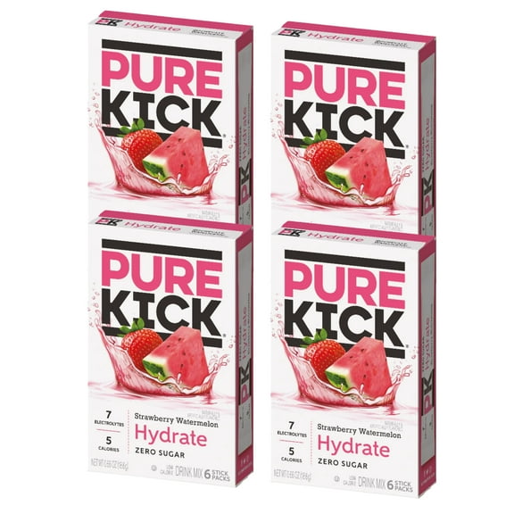 Pure Kick Strawberry Watermelon Singles To Go Energy Water Enhancer Drink Mix Zero Sugar Low Calorie Vitamin-Packed Powder Stick Beverages 4 Boxes, 6 Stick Pack per Box - 24 Total Servings