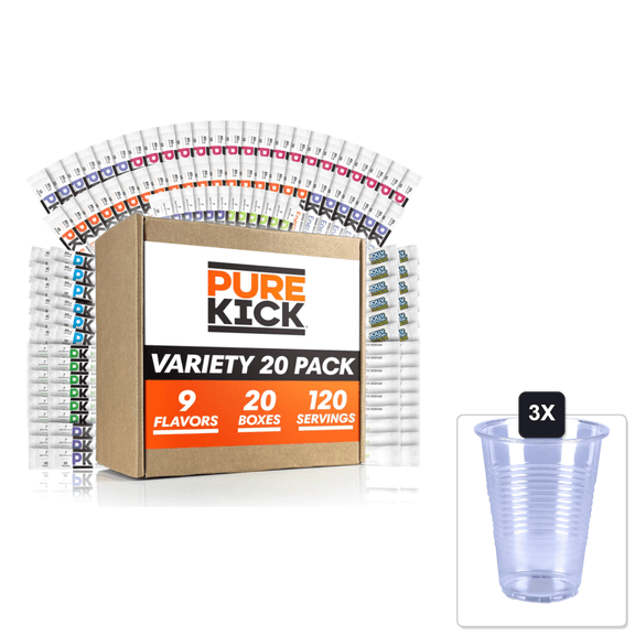 Pure Kick Ultimate Variety Pack - 9 Flavors Of Energy Drink Packets - Pure Kick Hydrate And Energy Drink Powder - Water Flavoring Packets & 3x 16oz Plastic Cup with Strawless Sip-Lid