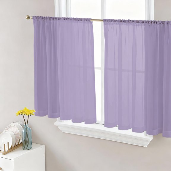 Pure Lavender Purple Semi Sheer Curtains 54 Inch Length 2 Panels Set, Modern Solid Color Minimalist Art Sheer Kitchen Curtain Privacy Voile Window Curtain for Living Room Bedroom Rod Pocket Drapes