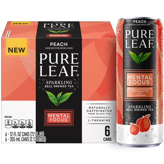 Pure Leaf Mental Focus Peach Sparkling Real Brewed Iced Tea Cans, 12 fl oz, 6 Count Pack