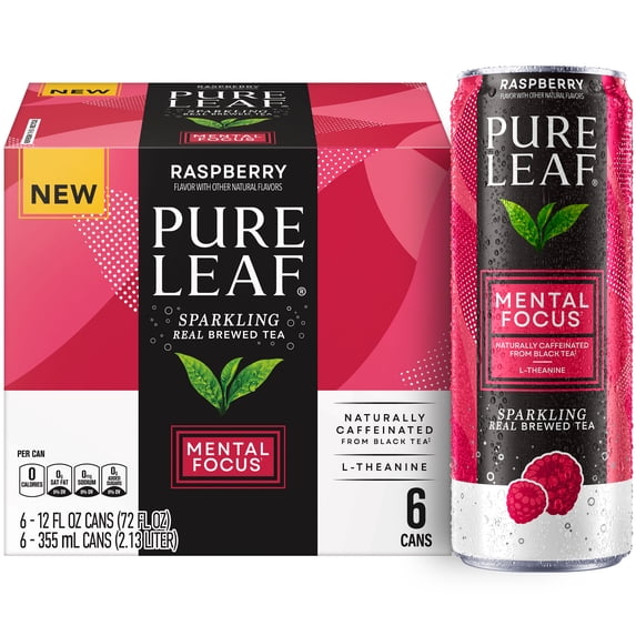 Pure Leaf Mental Focus Raspberry Tea Sparkling Real Brewed Iced Tea Cans, 12 fl oz, 6 Count pack