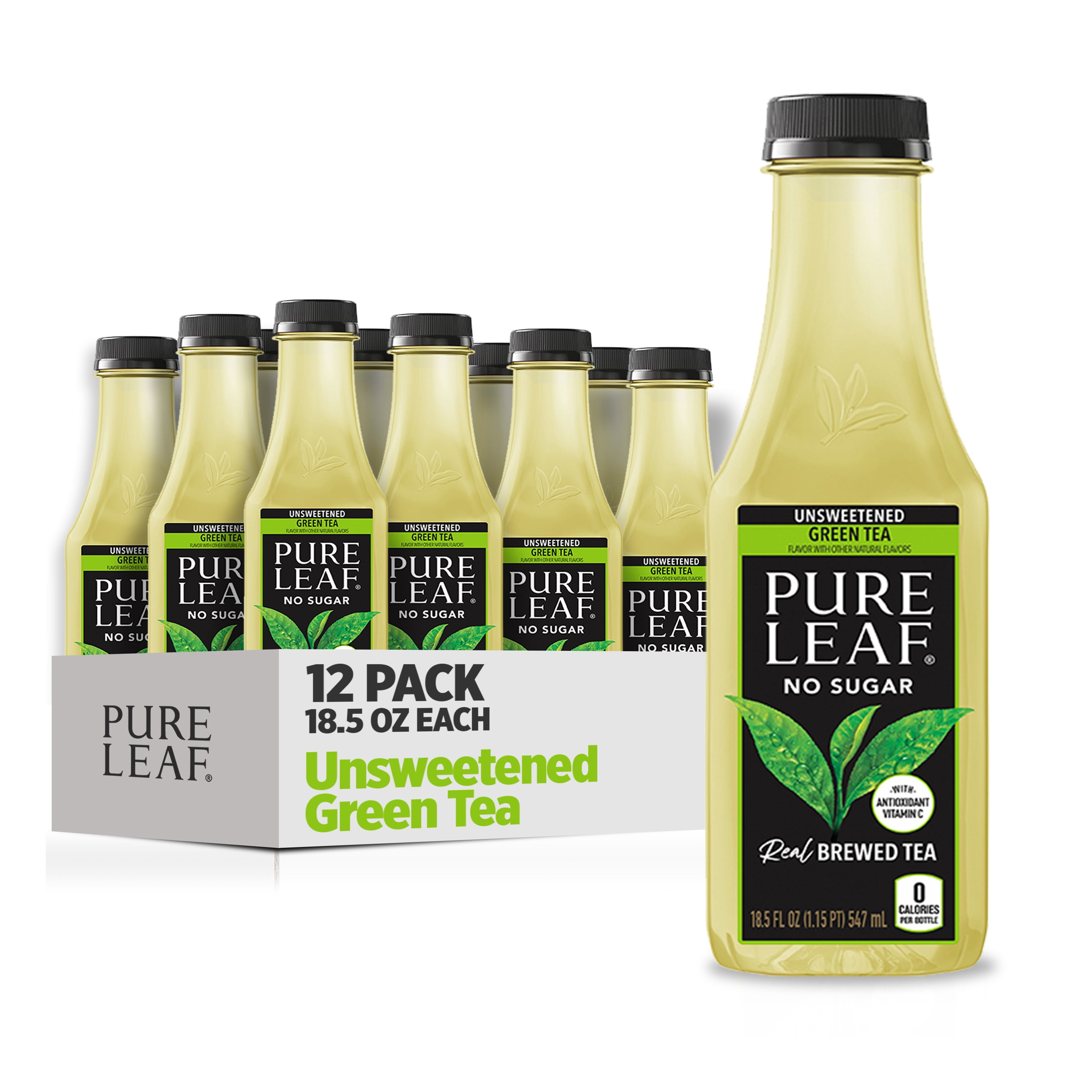 Pure Leaf Unsweetened Real Brewed Green Iced Tea, 18.5 oz Bottle, 12