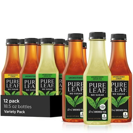 Pure Leaf Unsweetened Real Brewed Iced Tea Variety Pack, Bottled Tea Drink, 18.5 oz, 12 Bottles