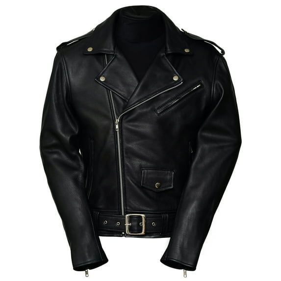 Pure Leather Biker Short Jacket Black Men’s Bike Jackets - Cowhide Top Grain Classic Belted Strap