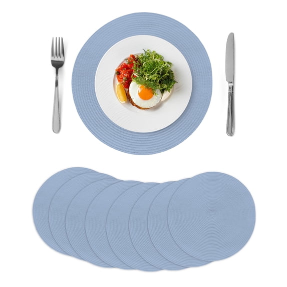 Pure Light Blue Round 13 Inch Placemats Set of 8, Simple Solid Color HeatResistant Non Slip Place Mats for Dining Table, Wipeable Braided Kitchen Table Mats for Housewarming