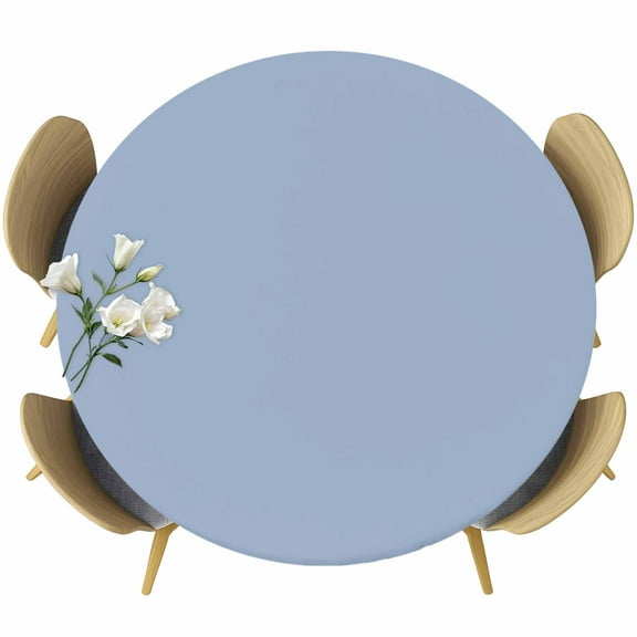 Pure Light Blue Table Cloth, Round Fitted Tablecloths with Elastic Edge, Simple Solid Color Wipeable Waterproof Table Cover for Kitchen Wedding 55-60 Inches
