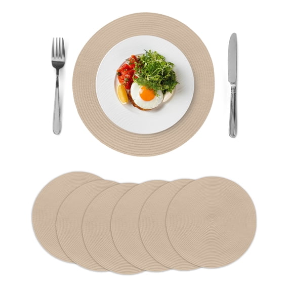 Pure Light Khaki Round 15 Inch Placemats Set of 6, Simple Solid Color HeatResistant Non Slip Place Mats for Dining Table, Wipeable Braided Kitchen Table Mats for Housewarming