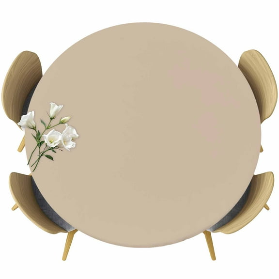 Pure Light Khaki Table Cloth, Round Fitted Tablecloths with Elastic Edge, Simple Solid Color Wipeable Waterproof Table Cover for Kitchen Wedding 36-44 Inches
