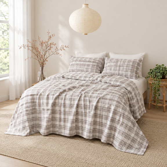 Pure Linen Sheets Set Yarn Dyed Plaid Pattern Size 3-piece Oeko-tex Certified Stone Washed Bedding For Hot Sleepers With 16" Deep
