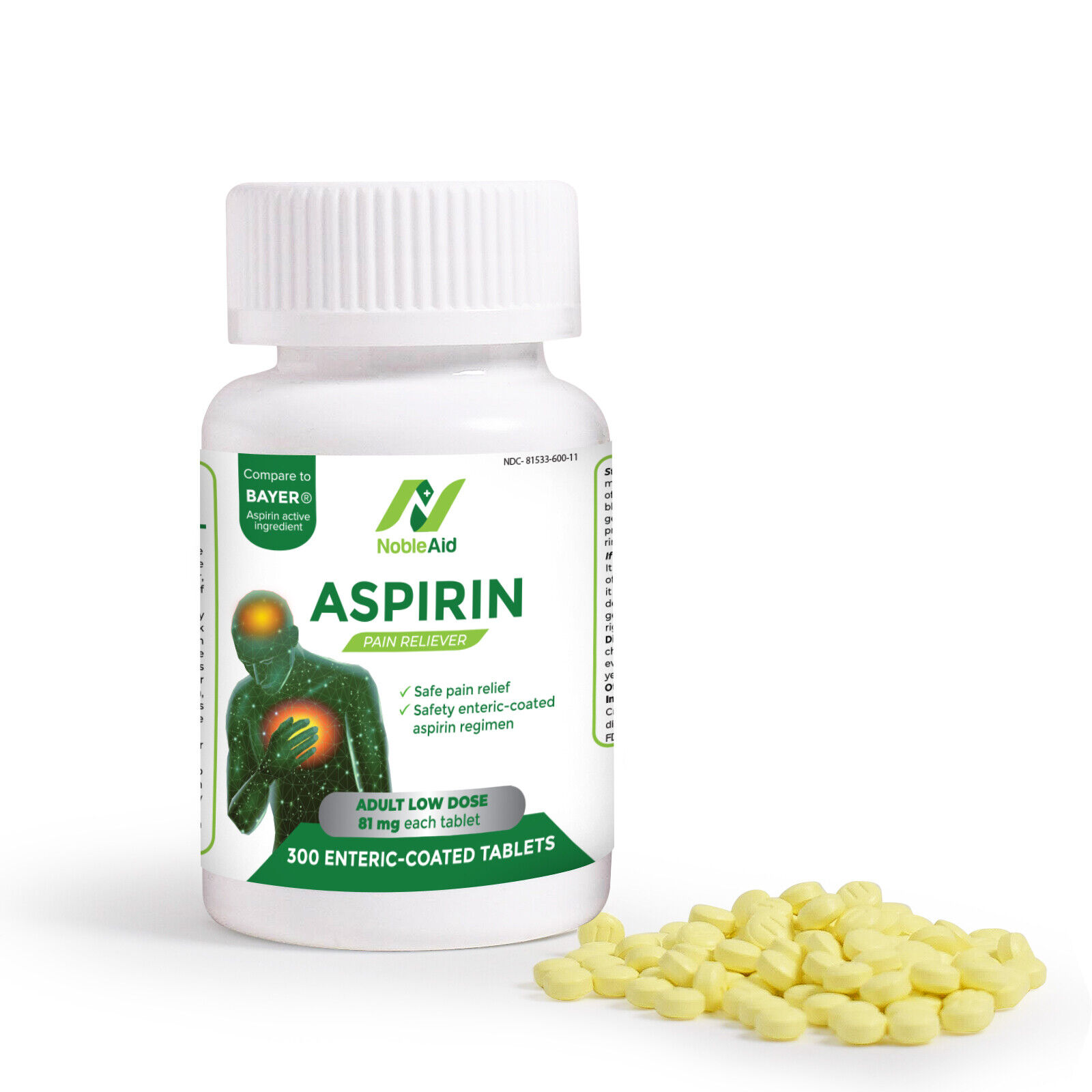 Pure Low Dose Aspirin 81mg for Adults by NobleAid, Baby Aspirin 300