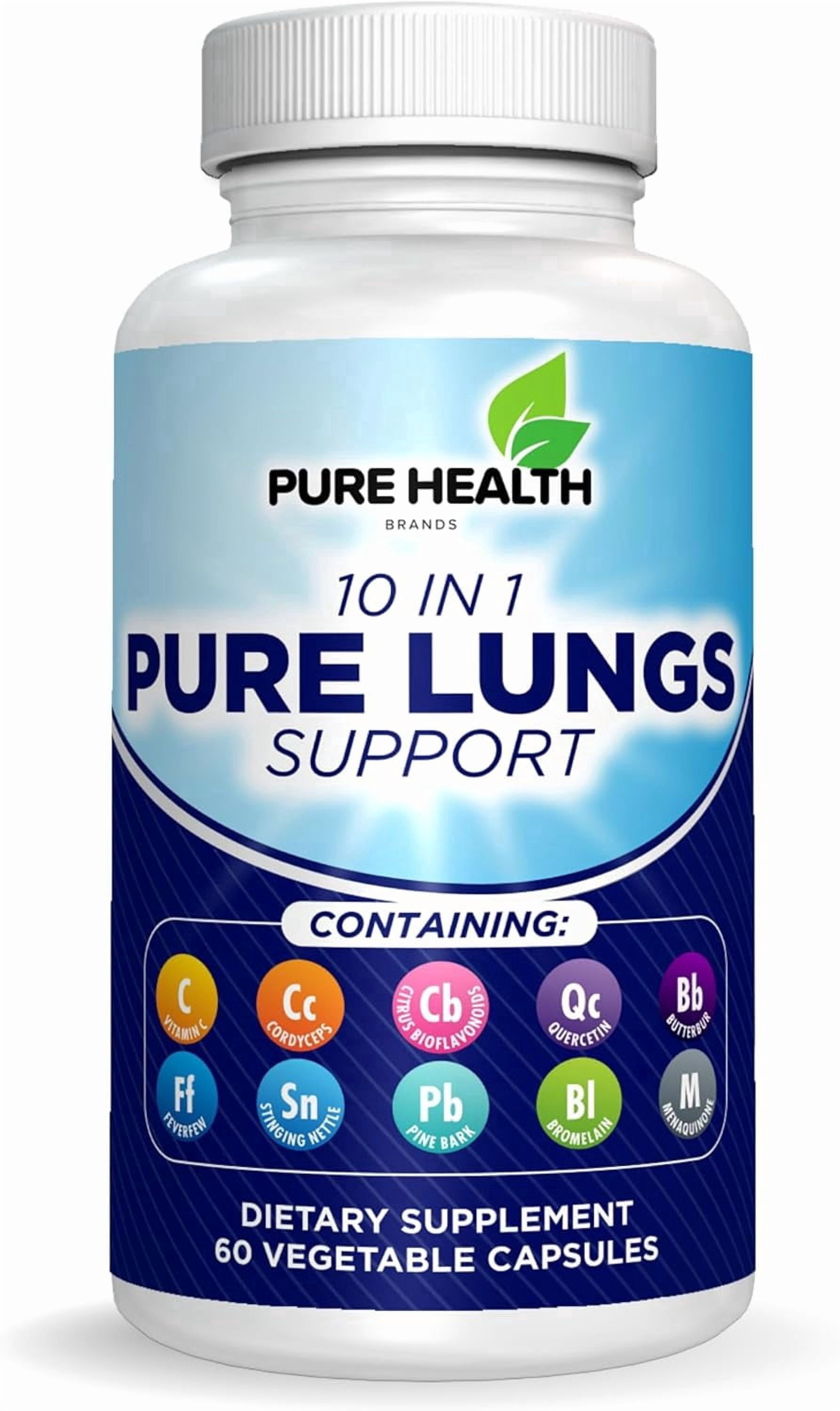 Pure Lungs Support – 10-in-1 Lung Cleanse & Detox Supplement for Smokers & Respiratory Health – with Quercetin, NAC, Cordyceps, Pine Bark, Vitamin C & Butterbur – 60 Capsules