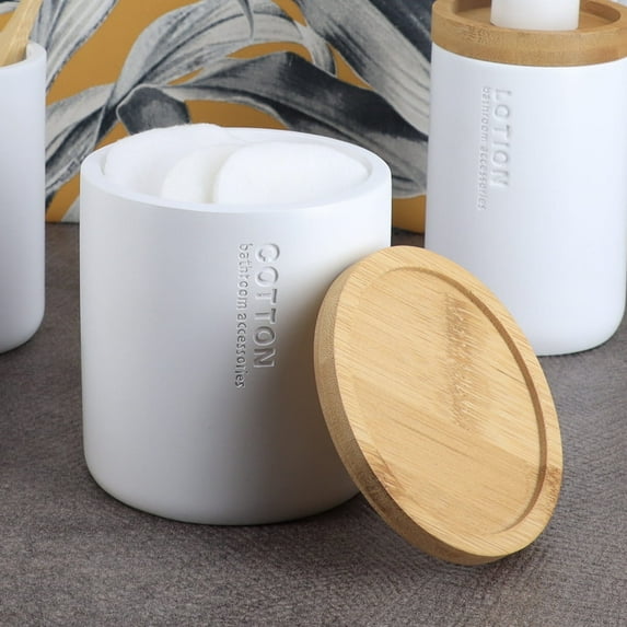 Pure Matte White Cotton Ball Jar with Natural Bamboo Lid - Polyresin Bathroom Organizer