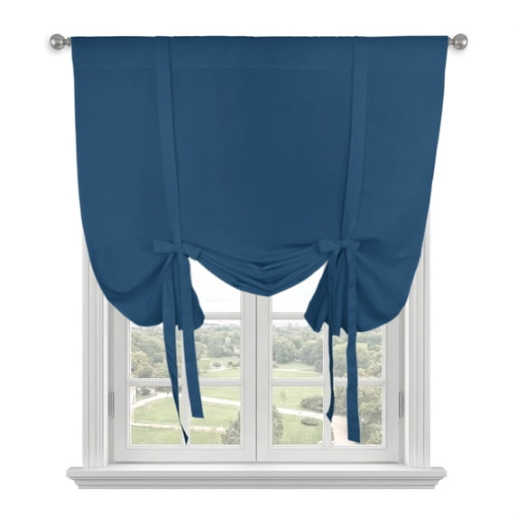 Pure Midnight Blue Tie Up Curtains for Windows, Adjustable Balloon Window Shades, Modern Solid Color Minimalist Art Kitchen Window Treatments Farmhouse Short Curtains with Rod Pocket 42"x45"